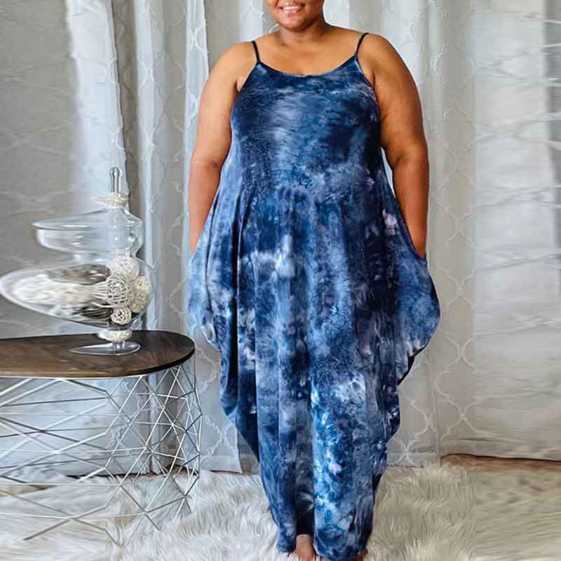 women's plus size tie dye maxi dresses-dark blue