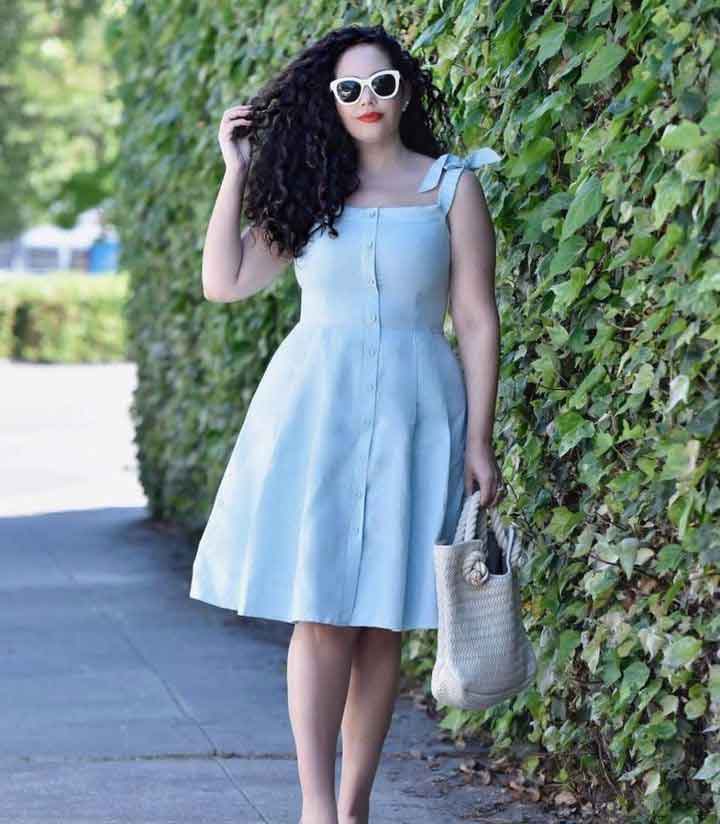 How To Look Skinny For Plus-Size Women-sky-blue square-necked dress