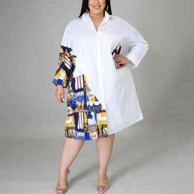 long sleeve shirt dress plus size-white-front view
