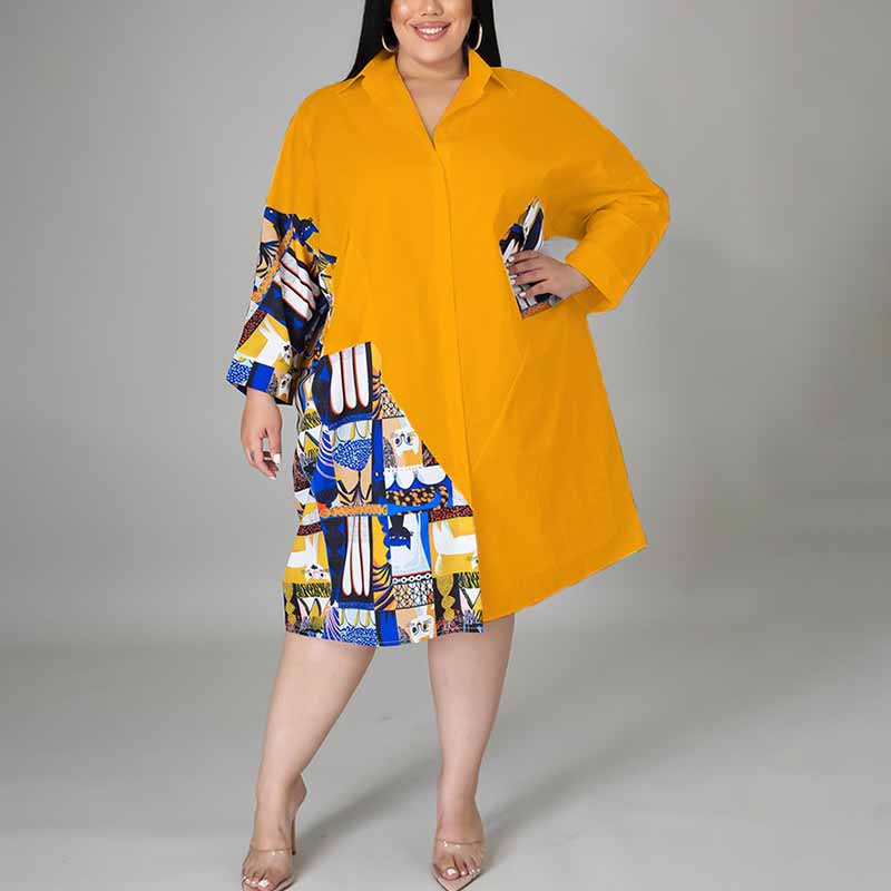 long sleeve shirt dress plus size-yellow-front view