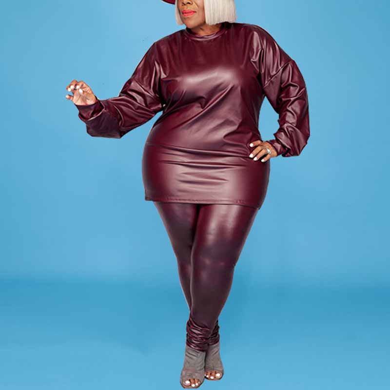 plus size leather suit-dark brown-red-front view