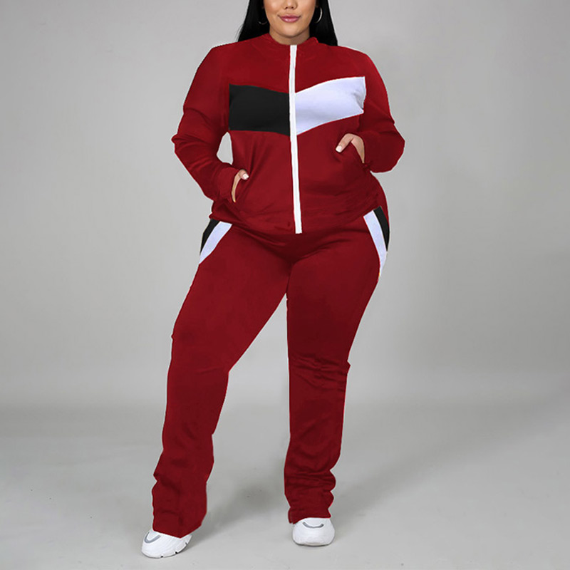 plus size tracksuit set-wine red-model front view