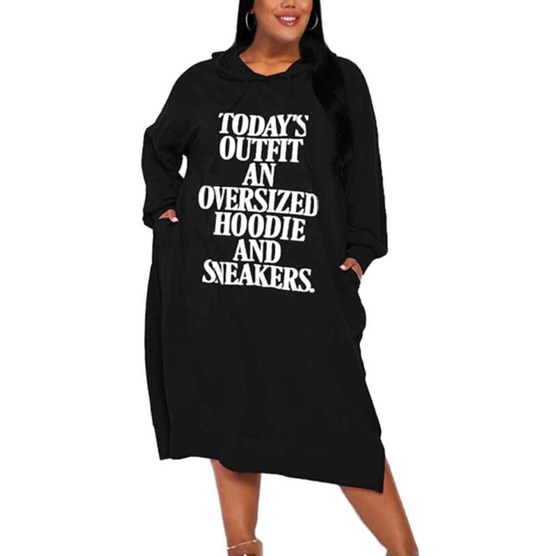 Plus Size Hoodie Dress With Pockets-black-black-front view