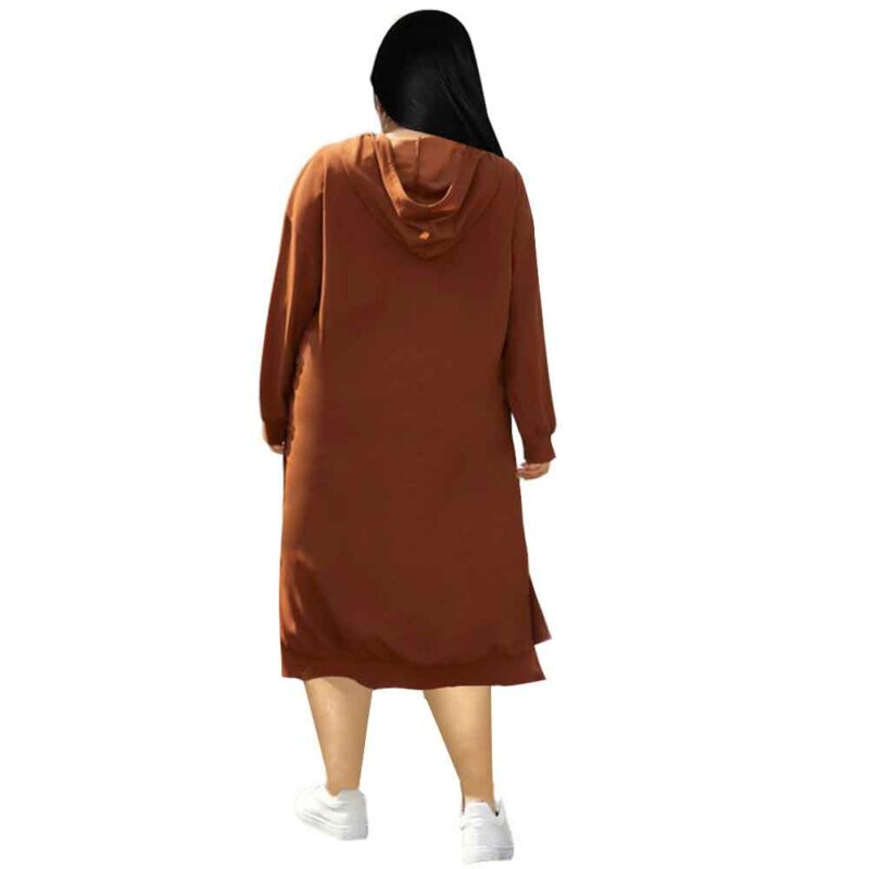Plus Size Hoodie Dress With Pockets-brown-back view