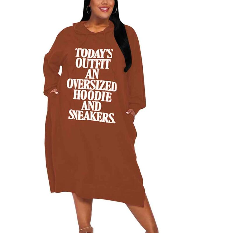 Plus Size Hoodie Dress With Pockets-brown-front view