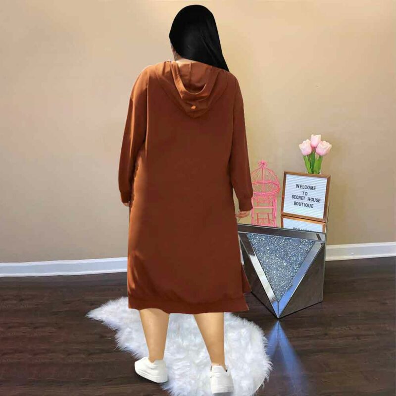 Plus Size Hoodie Dress With Pockets-brown-model back view