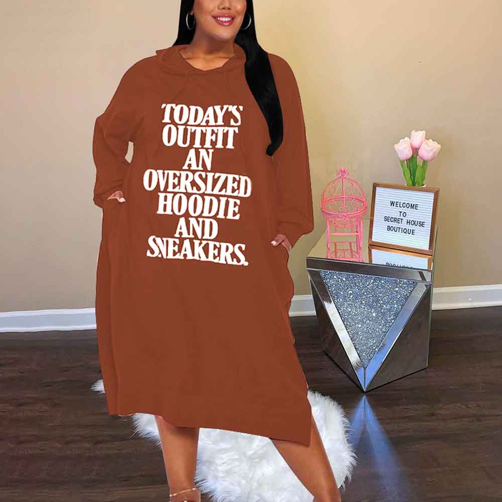 Plus Size Hoodie Dress With Pockets-brown-model front view
