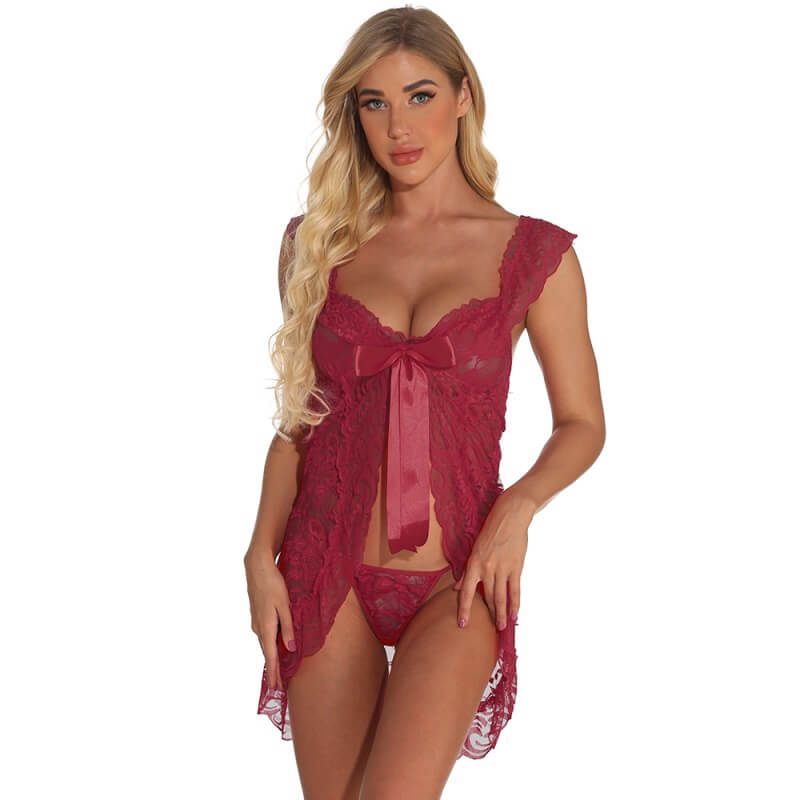 kawaii plus size lingerie wine red color - front side
