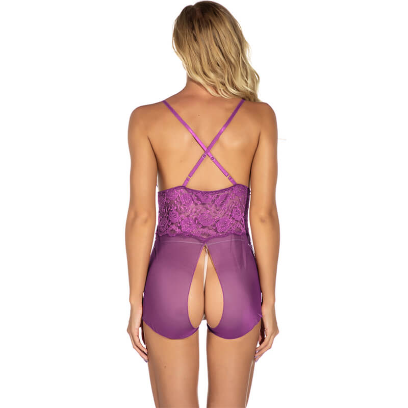 lace bustier bodysuit purple color back side view