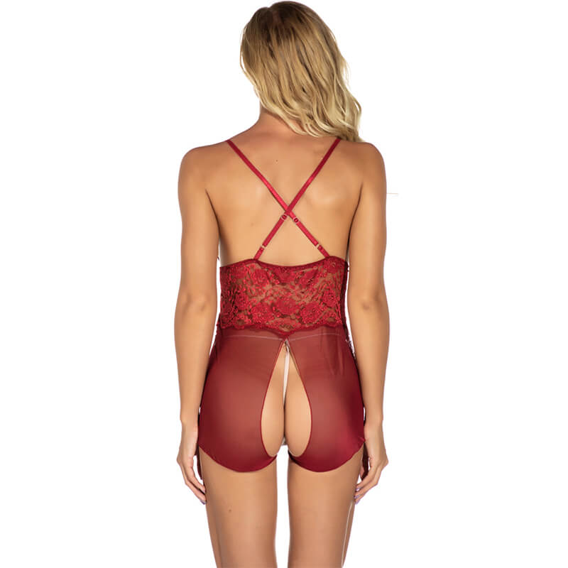 lace bustier bodysuit wine red color back side view